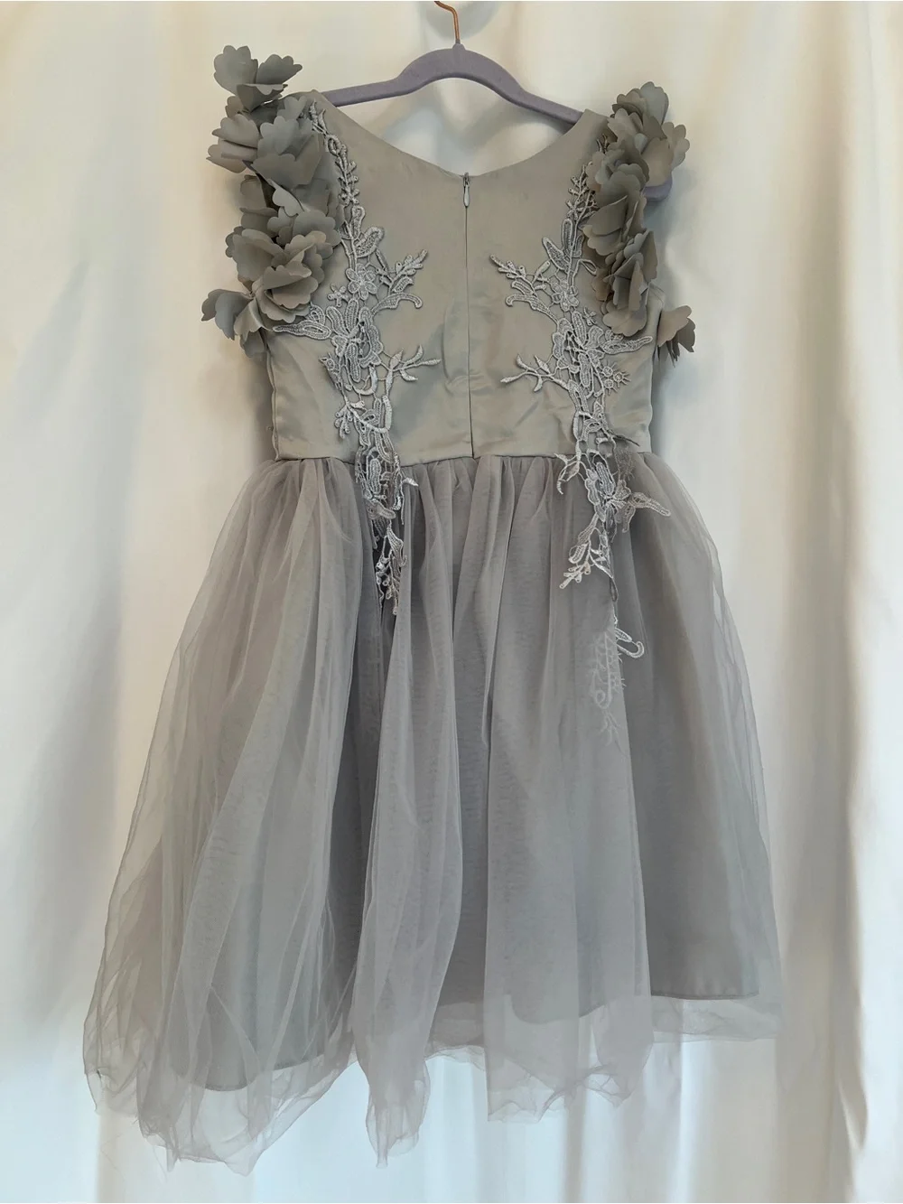 Girls Gray Floral Appliqué Tulle Party Dress